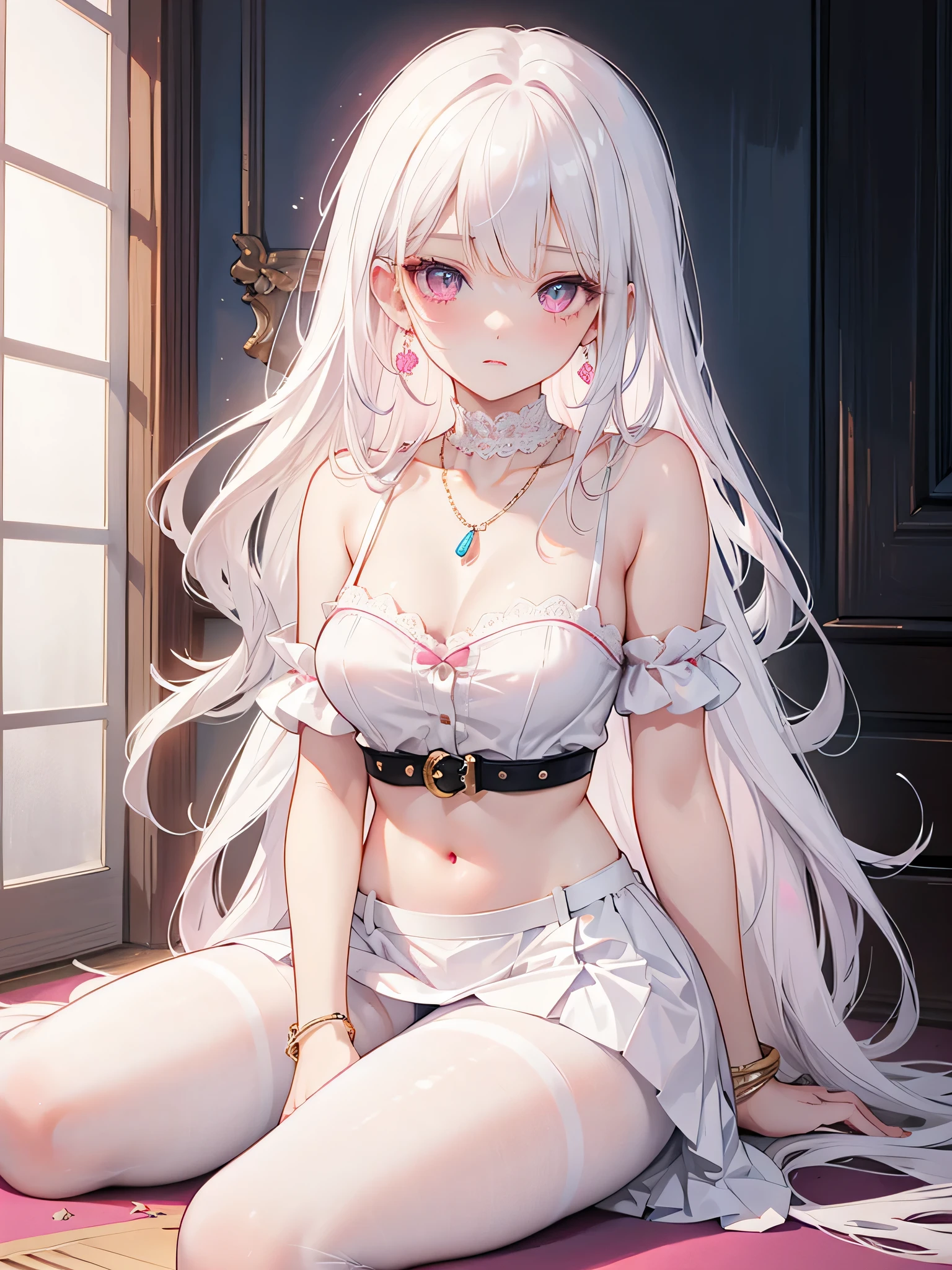 beautiful girl , Beautiful pink eyes , nice face , Long white hair with a straight front cut , soft skin , White bra , Small, round breasts , A short white skirt with a belt below the stomach , white pantyhose , Earrings , She wears a beautiful necklace , Bracelet on the right hand , Sitting on the floor , Exciting session