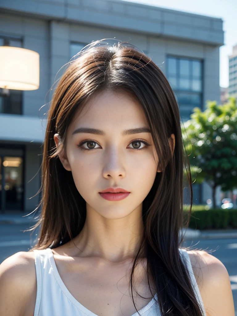 ((Realistic lighting, best qualtiy, 8K, tmasterpiece:1.3)), sharp fokus:1.2, 1girll, Beautiful Women with Perfect Figure:1.2,  ((dark brown  hair)), (Leisure set:1.2）,（outside，Morning：1.2），the city street，Ultra-fine face，Fine eyes，double eyelid，