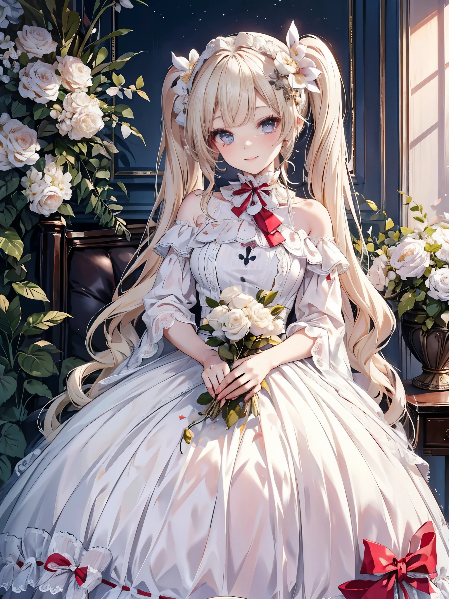 masterpiece, highest quality, High resolution, SA1, Floral off-shoulder dress, Sparkling eyes, False eyelashes，kind smile, Platinum blonde twin tails, Mature atmosphere, Rose,