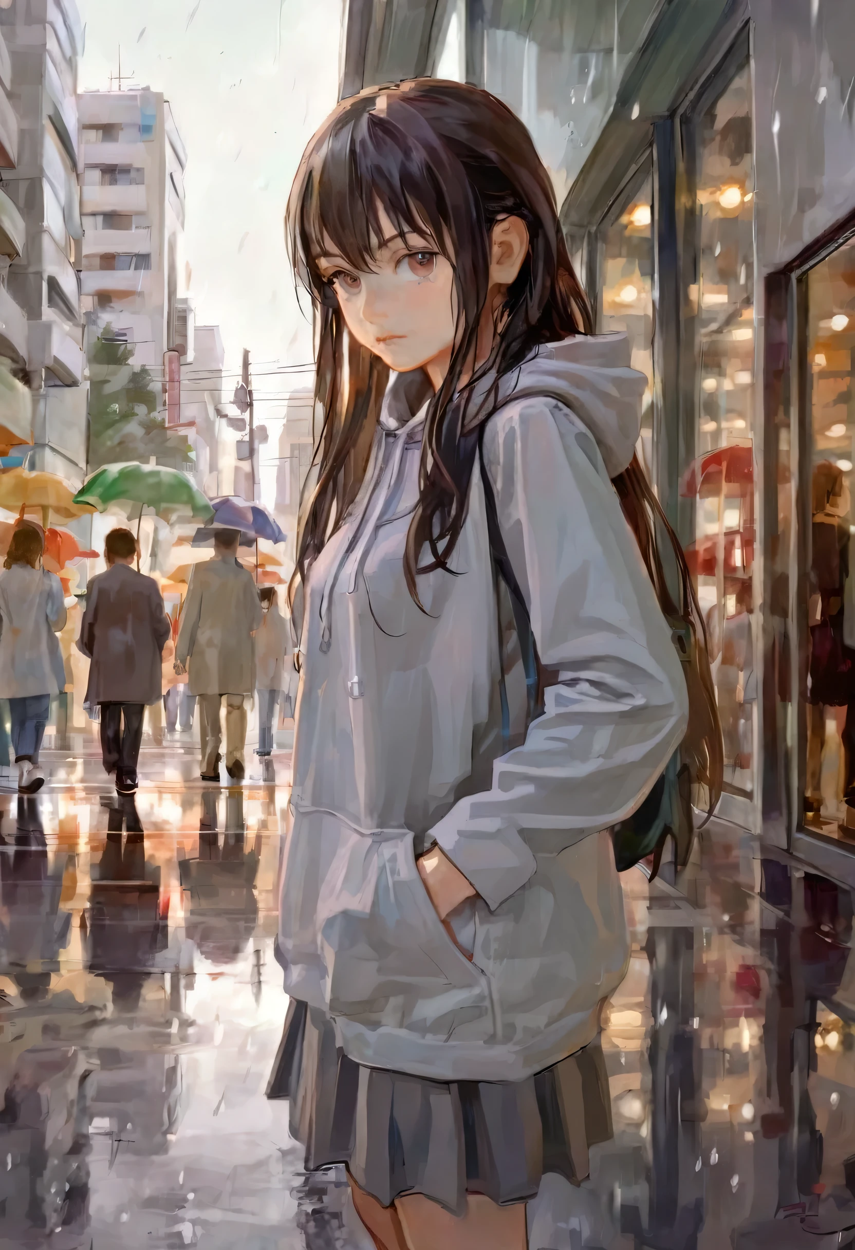 by fkey, by jima, by Krenz, rain, long hair, looking at viewer, outdoors, solo focus, people, city, gray hoodie, skirt, long sleeves, reflection, black hair, brown eyes, standing, tokyo \(city\), building, closed mouth