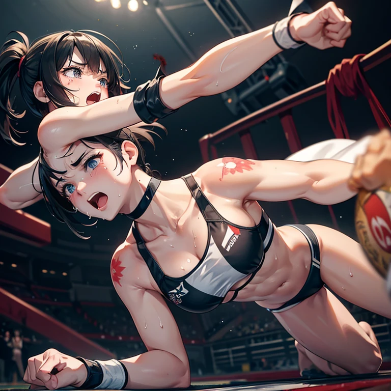 Covered in blood、A beautiful high school girl mixed martial artist covered in scars and a broken body。Down on all fours。In a fight in the Octagon、I close one eye in frustration、Fighting with open mouth and tears。Out of stamina。painful。Sad。Facial swelling。Bruised body。I'm soaked in sweat。Ripped and tattered sports bra and bikini、Open Finger Gloves。Erect nipples。Short black hair。
