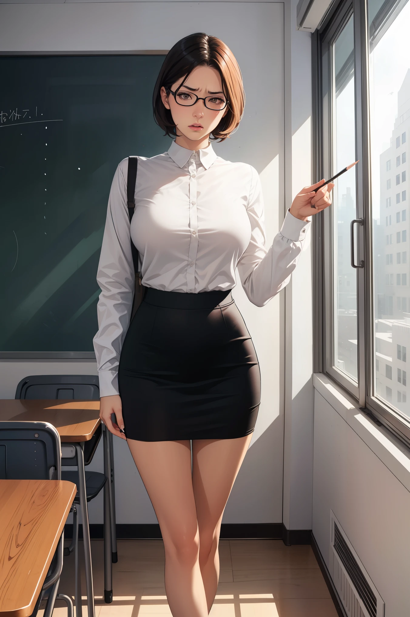 1 girl, brown short hair, glasses, huge breast, wearing long sleeve white shirt, pencil black skirt, black shoes, angry, mad, dissapointed, pointing to the viewer, standing inside the classroom, 