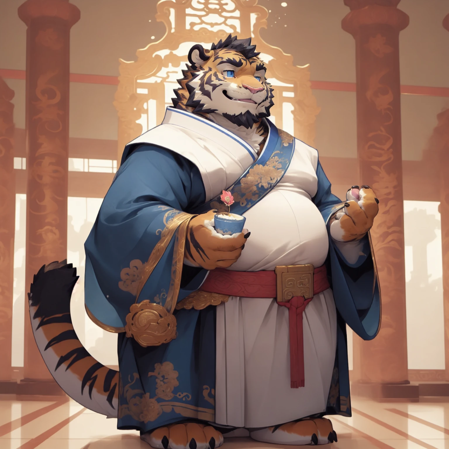 New Jersey 5 Furry,Tiger，portrait，Exquisite， Chubby，Fat，Thick arms，Rugged muscles，plush fur，Chubby脸，Black eyebrows，Sky blue eyes，Beard，Chinese style，Royal Palace，indoor，emperor，Dragon robe，emperor冕冠，emperor装束，front，Standing，Smile