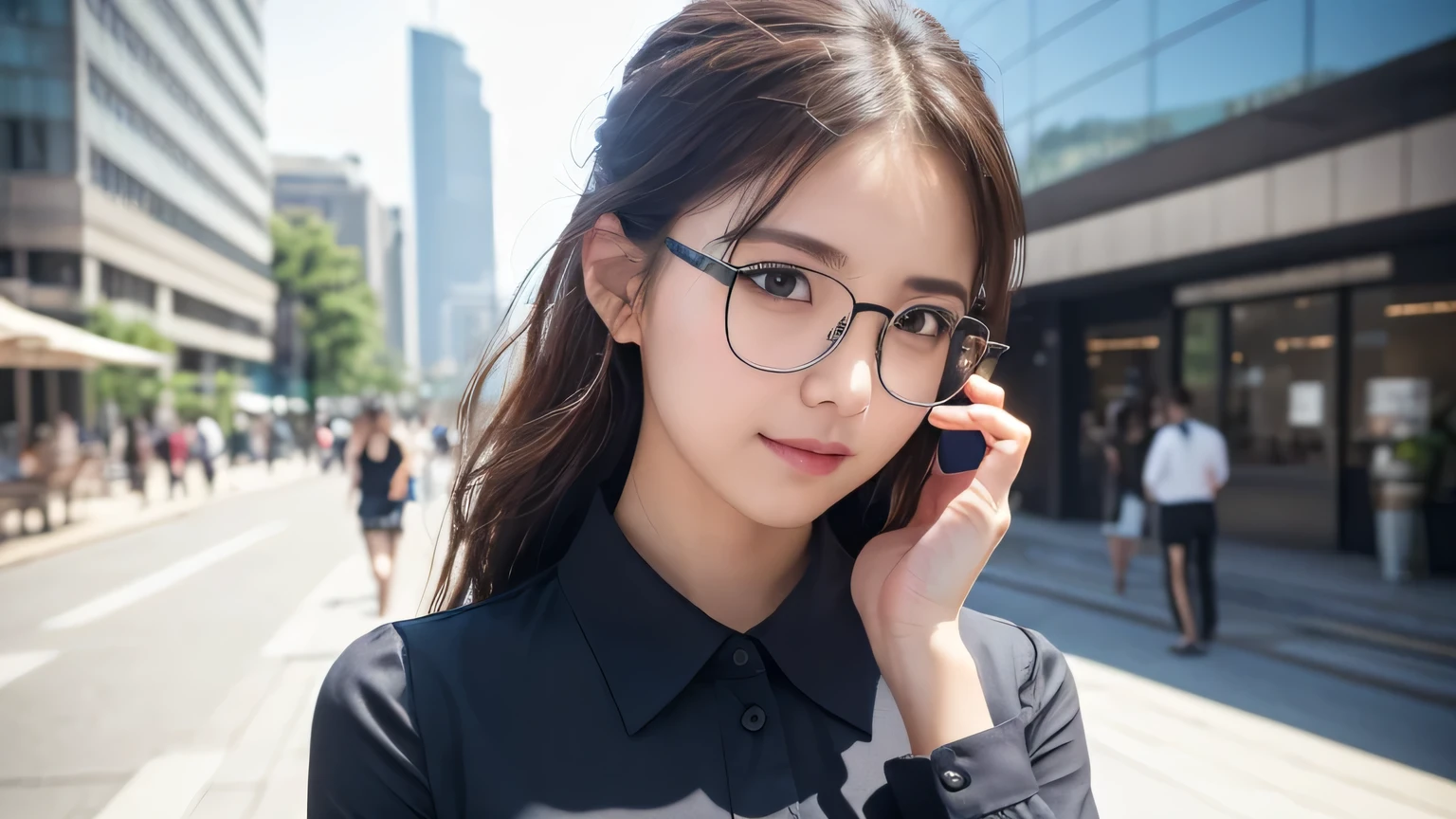 (8K、Raw photography、top-quality、masterpiece:1.2)、(realisitic、Photorealsitic:1.37)、ultra-detailliert、超A high resolution、1 girl、see the beholder、beautifull detailed face、A smile、Constriction、(Slim waist) :1.3)、((Light blue shirt clothes))、Beautiful detailed skin、Skin Texture、Floating hair、((Hair bunched into one))、large breasts with good shape、Professional Lighting、In front of the station at noon、((Black square glasses))、Whole human body、Brown hair、((Hold your phone on your phone))、