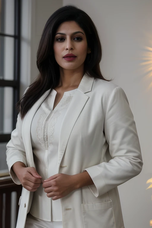 photo of piuymilf, a woman, 40 years old, wearing white blouse and a grey jacket, standing, realistic, (masterpiece:1.1), (best quality:1.1), beautiful, (intricate details), unity 8k wallpaper, ultra detailed, beautiful, aesthetic, perfect lighting 