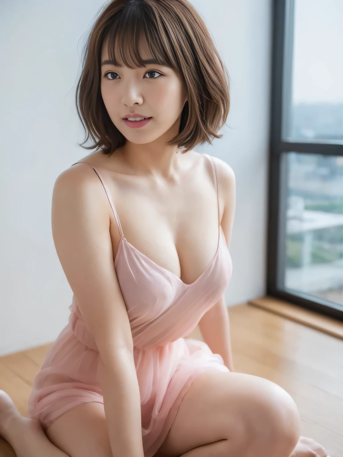 (8k, RAW Photos, highest quality, masterpiece:1.2), High-quality RAW color photos, Professional photos, (Realistic, photo Realistic:1.37), Cinematic Light, 1 girl, Laughter, White wall, Shot in front of the window, (A room with large glass windows), Various poses, break (Ombre:1.3) , Simple Necklace, Spring Clothes, (Beautiful profile:1.3), profile, Dark Brown Hair色, Short hair 20 years old, 1 person, ((Beautiful female announcer,A kind smile:1.5)),
((Gorgeous Earrings, Long Necklace:1.2)),
((A see-through satin dress that fits perfectly, Layering, The straps of the clothes slip off:1.5)),
((hot pants:1.5)),
((Sitting on the floor, Look up, No bra, See-through:1.5)),
(Full body image from thigh, Pay attention to the beautiful thighs:1.8),
((Sexy atmosphere, Sexy pose, Staring with an erotic gaze:1.5)),
((sitting cross-legged:1.5)),
((luxury hotel bedroom bed, The midsummer sun shines on the whole)),
((The large windows overlook the ocean horizon.:1.2)),
Flexible body :1.3, Model Body Type:1.5, 頭w:1.4, Perfect Style:1.4,
Realistic skin texture, Fair skin, Shiny skin, Healthy thighs,
Highly detailed face, Slim face contour, Beautiful small face, Beautiful Nose,
Ultra-detailed eyes, Slit eyes, Brown eyes, double eyelid, Ultra-thin eyebrows, Thin, long eyelashes,
Ultra-detailed lips, Plump and moisturized lips, glossy pink lips, Flushed Cheeks, ((White beautiful teeth)),
Beautiful actress's ennui makeup, Pink lipstick, Smoky eyeshadow, Eye foundation,
Dark Brown Hair, Delicate soft hair, Hair blowing in the wind,
(Put your hair up, Medium Short Hair, Elegant curly hair:1.2),
Layered Cut, (Blunt bangs:1.2),
Mouth half open, Attractive look, Looking into the camera,
((Lift your face a little)),
((Chest to chest)),
((Squint your eyes)),
((Pursing your lips:1.2)),
((Cheeks turn red:1.2)),
((Flat Chest)),