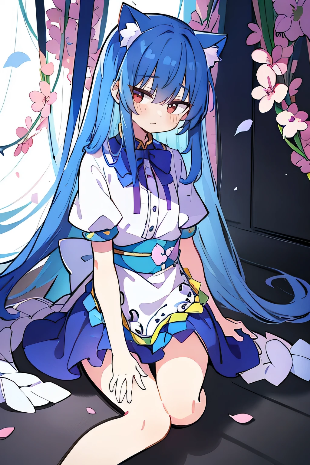 (masterpiece:1.2),Super detailed,Practical,expressive eyes,Fair skin,Perfect face shaping,1 Girl,
Japanese cartoons,Gorgeous blue hair, the long flowing blue hair,Floating clothes,Cat ears,Petals falling,beautiful lola,Young Angel,
Hands on waist,sit elegantly on the ground,Cross your legs,Gentle and peaceful background,Cool and cozy pavilion.