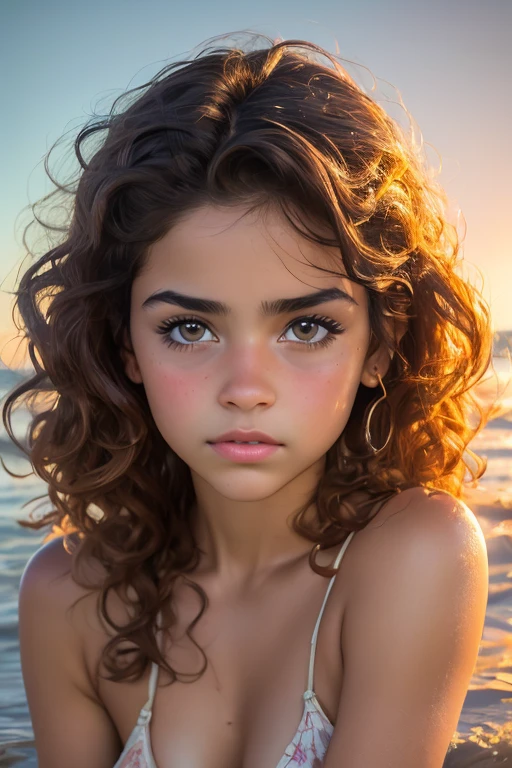 Una chica, 16 years, con cuerpo de sirena, cuerpo completo.,ilustrado,ojos y rostro extremadamente detallados,hermosos labios detallados,curly brown hair,Brown eyes, small breasts,stern and determined expression. En el fondo del mar, paisaje pintoresco.,Summer sunset lighting with warm golden tones..(mejor calidad,4k,8k,high resolution,Obra maestra:1.2),ultra detallado,realista:1.37,hdr,HD,studio lighting,profesional,vivid colors,retratos