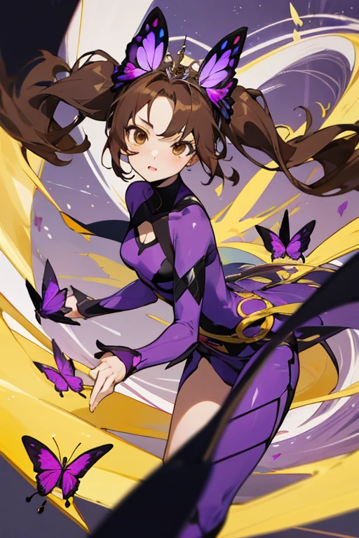 Mujer, brown hair in two pigtails, con diadema con antenas en espiral morado, Brown eyes, purple superhero costume, alas de mariposa, antifaz morado, mariposas al rededor