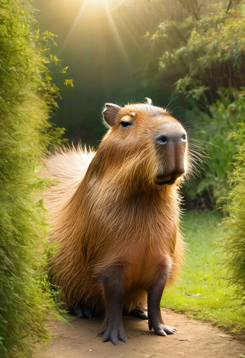 A Capybara, (best quality, realistic:1.2),peaceful,capybara,capybara in a grassy field,brown furry capybara,brown fur,big round eyes, soft lighting,gentle shadows,sitting quietly relaxed,capybara sitting, nature animals,grassy field,green grass,bright sunny warm, realistic detailed artwork,detailed fur texture,high-res image,capturing every strand of fur, peaceful atmosphere,tranquil scene,serene, soft and calming colors,earth tones,brown and green color palette, blissful expression,content and at ease,capybara's relaxed posture, nature-inspired lighting effect,subtle sunlight filtering through the trees, immersive artwork,feeling as if you can reach out and touch the capybara's fur.