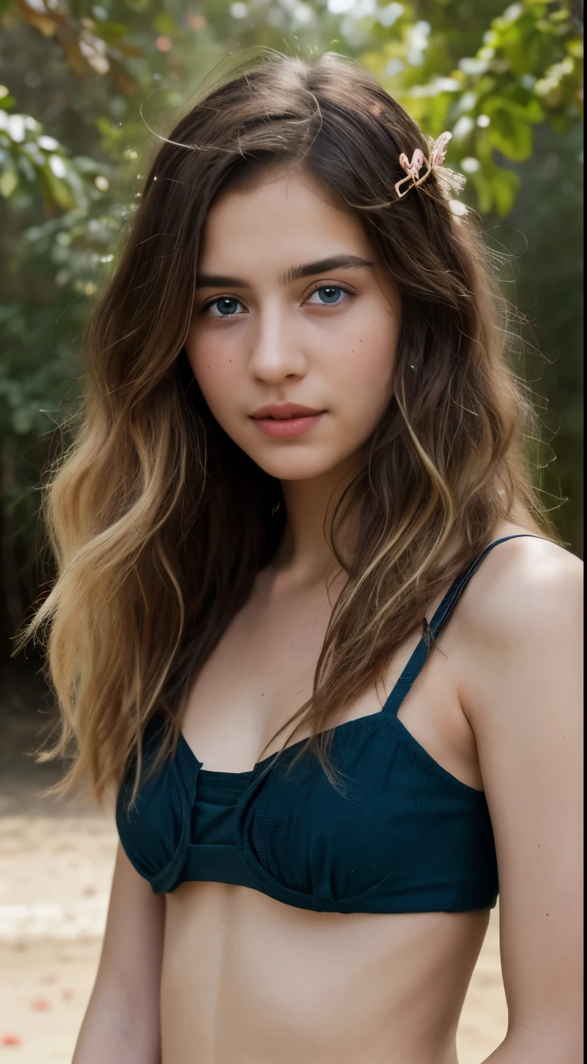 The face of an Pakistani girl with fair skin and black-blonde hair.she has striking almond -shaped eye's,a straight,delicate nose,and full lips that curve into a gentle smile.her brown -blonde hair frames her face in soft Waves, with subtle highlights that catch ,in island (best quality, highres, masterpiece:1.2), Elsa Karlsson , swedish 25 years old model, with a beautiful black bikini, long blonde hair (dreadlocks) with 22 ahoge hair ornament. She has stunning detailed blue eyes, subtle blush on her cheeks, and delicate lips. on the bikini she wears a trasparent wavy dress. The scene is set in a peaceful sandy mediterranean beach, with ancient greek ruins as in Paestum. The girl is standing amidst a carpet of fallen petals, her gentle smile reflecting the serenity of the moment. The lighting is soft and diffused, creating a warm and inviting atmosphere. The overall style of the artwork is realistic and highly detailed, capturing every delicate stroke and texture. The colors are vivid and harmonious, adding depth and vibrancy to the scene. This masterpiece exudes elegance, grace, and beauty, making it a true masterpiece in every aspect. canon EOS 2000D. slim fit with long messy hair brown eyes round face shape ,6.5 height long standing in gaint forest close water fall morning time HDR 8K HIGH QUALITY high production value wide-angle shot realistic realism cinematic
