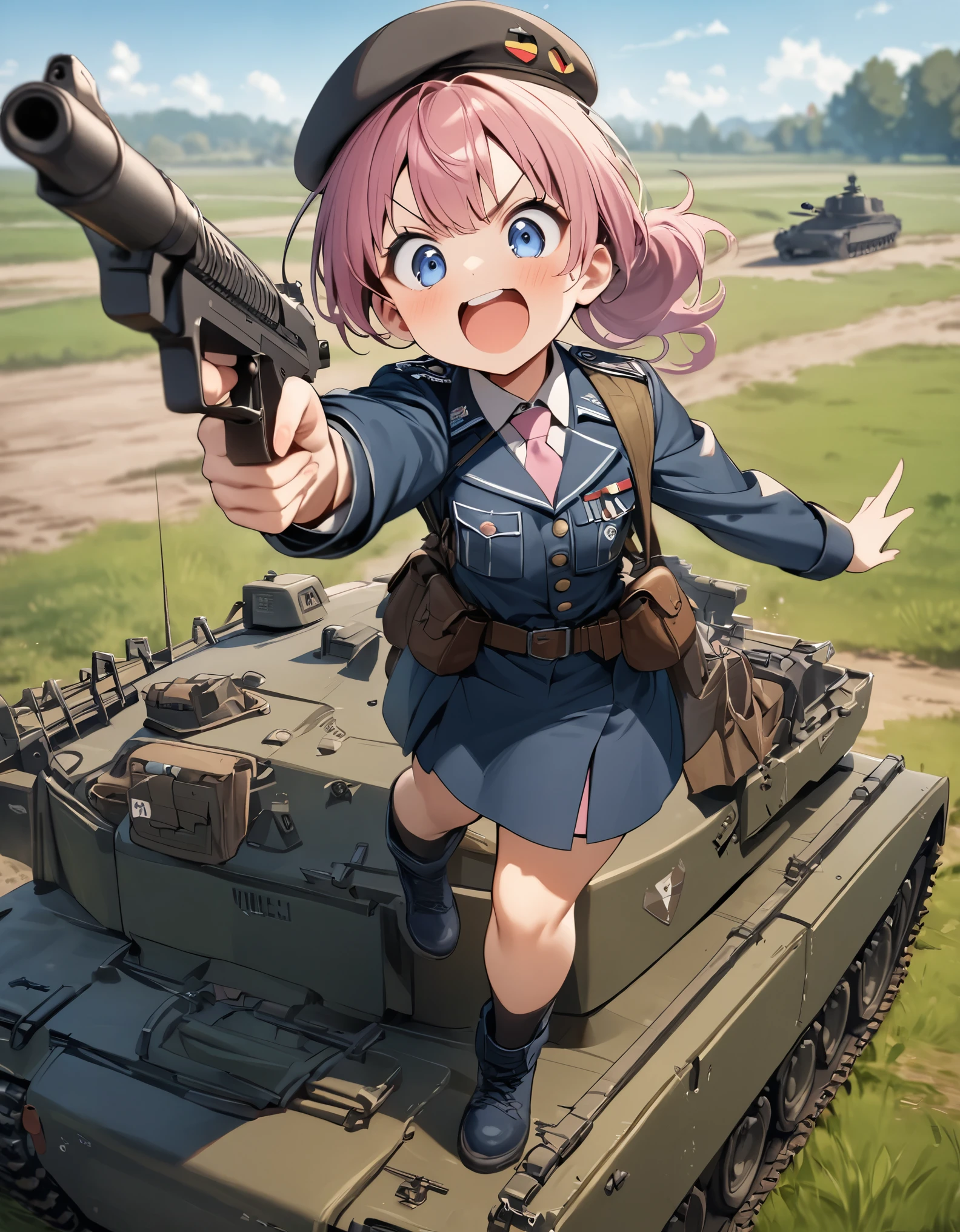 masterpiece, best quality, 1girl, , midget, dark pink hair, fluffy hair, ponytail hair, dark blue eyes, big eyes, cute face, (blue military uniform, WWII german uniform, beret, pink folder symbol on beret), pink necktie, blue combat boots, belt with pouches, pistol holster, v-shaped eyebrows, :d, excited, using assault rifle, point finger at the viewer, standing on top of a chftntank, grassy field, daylight, depth of field