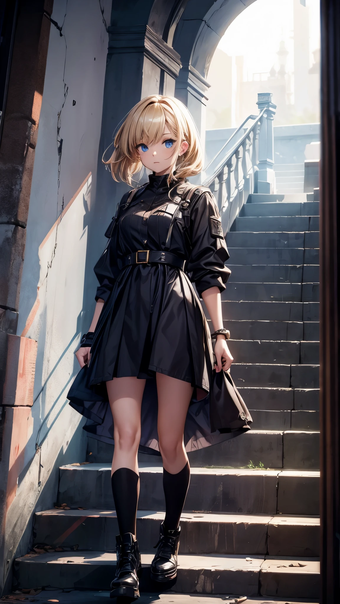 Inside the iron tower,Inside the dark long spiral staircase,the stair made of iron,one woman 20years old,short blonde hair,she’s wearing army’s style,the woman is standing on the stairs,(woman close up)