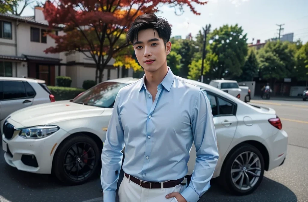 ((Light blue shirt. black trousers))((Head straight.The fortune teller is perpendicular to the ground.))(( big eyes and keep eyes contact ))(( real photos))((highest quality))The light on the face is natural and realistic(( Smile and comfortable )) (One wearing a white shirt、Asian man in suit and tie,Age 28.Height 182 cm)、best quality、masterpiece、Ultra-high resolution、(Photo realism:1.4)、Full body image、(A young handsome man in a suit standing on the street outdoor、Standing under the red maple tree、Red and big maple leaves、delicate leaves、branch details)、(A white BMW car next to the man、Man&#39;s hands on car roof)Octane Rendering、8K、Super sharp、realistic light、(There is only one car on the street、man&#39;s big shining eyes、looking in the direction of the camera)、、Ultra high quality、tall gentleman、very beautiful hair、Bright photos、As handsome as a model、As handsome as an idol,Professional profile photo, Professional portrait photos、Realistic portrait photos, Detailed color portrait, Portrait of an idol, High quality full body portrait photos.