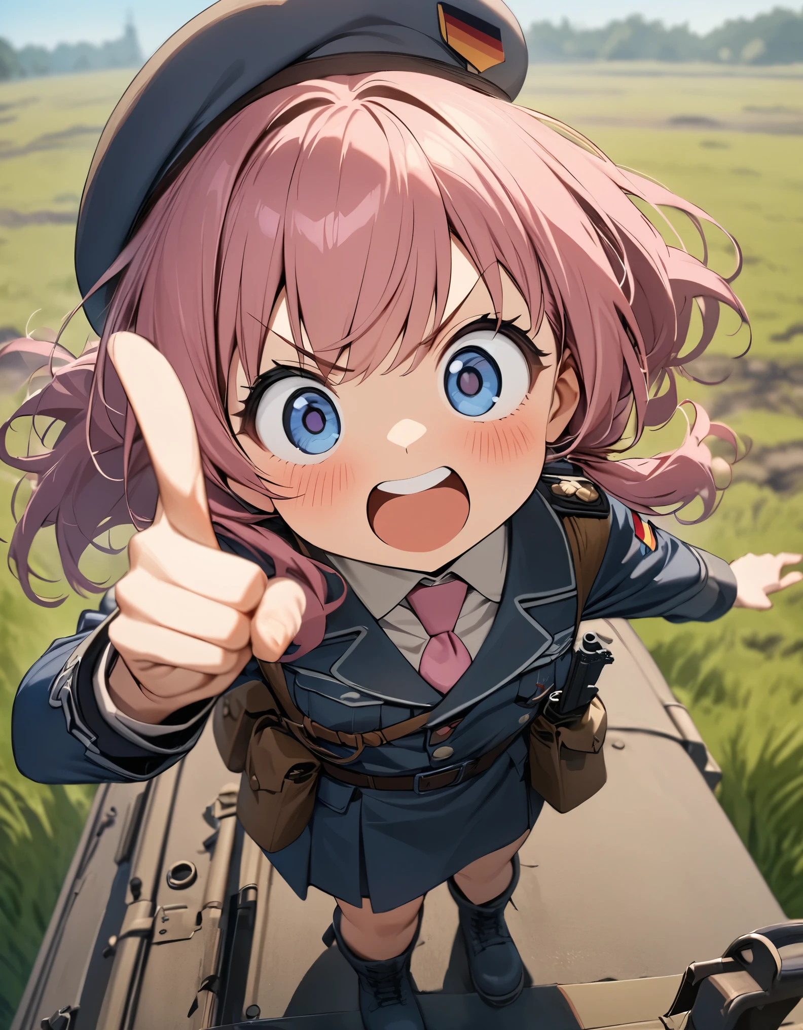 masterpiece, best quality, 1girl, , midget, dark pink hair, fluffy hair, ponytail hair, dark blue eyes, big eyes, cute face, (blue military uniform, WWII german uniform, beret, pink folder symbol on beret), pink necktie, blue combat boots, belt with pouches, pistol holster, v-shaped eyebrows, :d, excited, using assault rifle, point finger at the viewer, standing on top of a chftntank, grassy field, daylight, depth of field