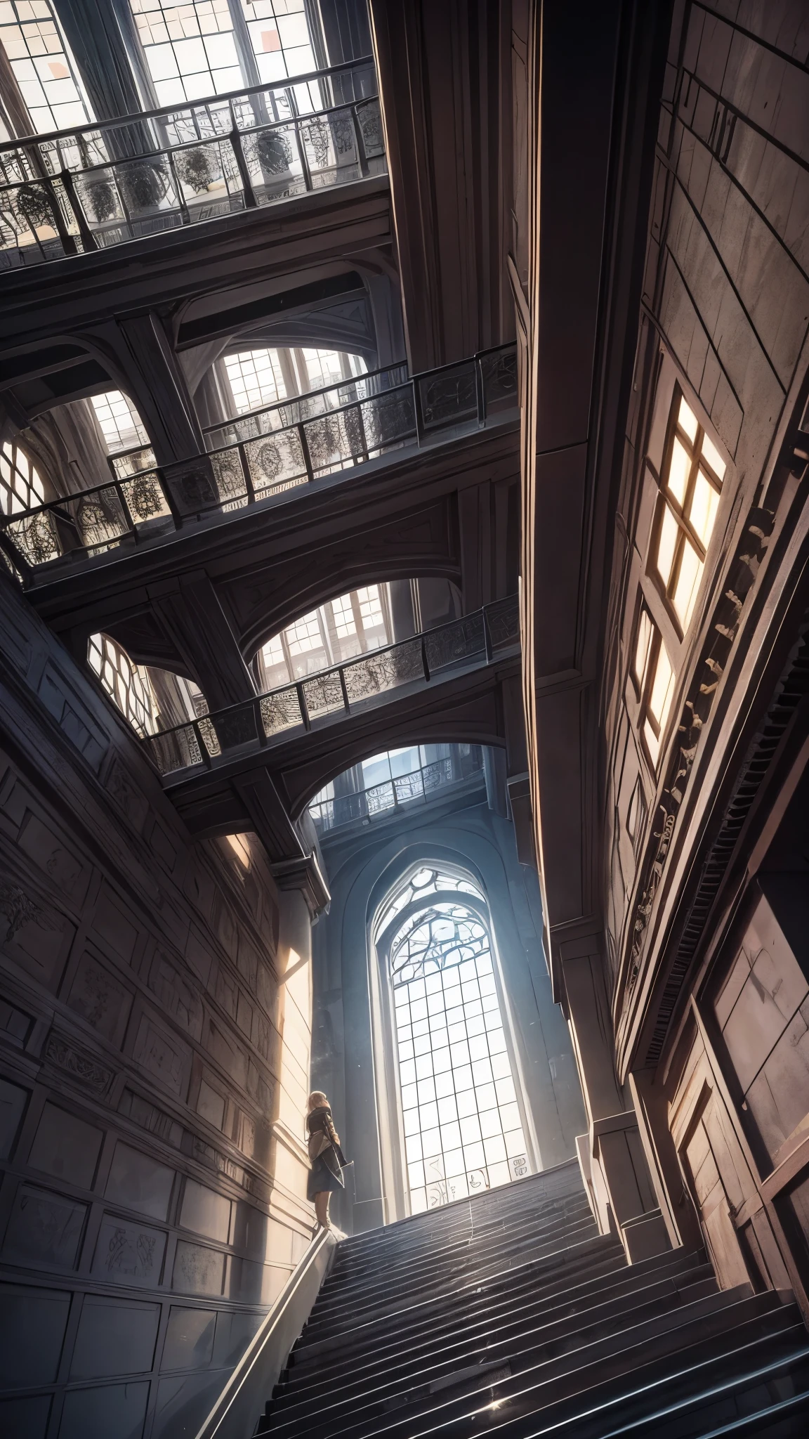 Inside the iron tower,Inside the dark long spiral staircase,the stair made of iron,one woman 20years old,short blonde hair,she’s wearing army’s style,the woman is standing on the stairs,(woman close up)