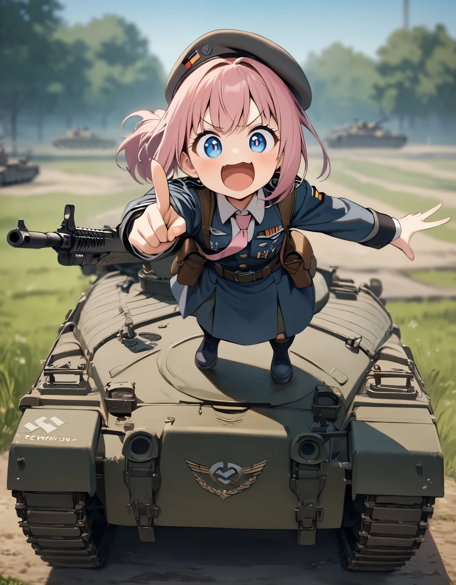 masterpiece, best quality, 1girl, , midget, dark pink hair, fluffy hair, ponytail hair, dark blue eyes, big eyes, cute face, (blue military uniform, WWII german uniform, beret, pink folder symbol on beret), pink necktie, blue combat boots, belt with pouches, pistol holster, v-shaped eyebrows, :d, excited, using assault rifle, point finger at the viewer, standing on top of a chftntank, grassy field, daylight, depth of field