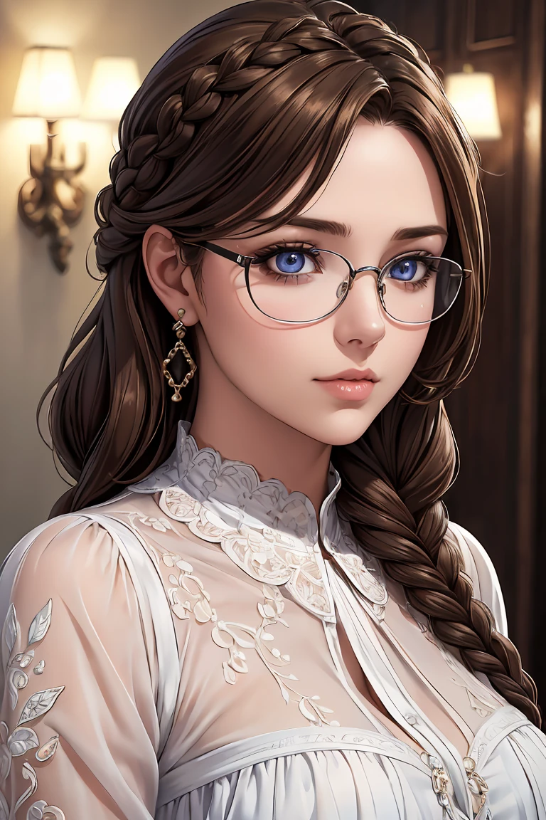 masterpiece, Best Quality, A high resolution, (Photorealistic:1.4), Detailed beautiful face, perfect face, detailed shining eyes, reflective eye pupils, Stunning European woman, detailed blouse, Super Cute, Gorgeous twin braided brown hair, glasses, detailed earrings, 8K resolution, Ultra-realistic, Ultra-detailed, high quality