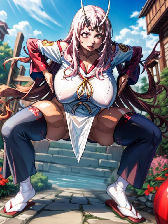 (highest quality)、(masterpiece)、(so beautiful)、(High resolution)、((An illustration))、(Very delicate and beautiful)、(Very detailed)、((CG))、wonderful、細かいディテールのmasterpiece、(the best ultimate art)、Very detailed 、(CG Unity 8k Wallpaper)、(1 girl), (((Cowboy Shot)))、(((Wearing clothes)))、(((Perfect Face)))、(((Half-open eyes)))、(((Sticking out tongue)))、(ベストAn illustrationレーション),(超High resolution)、(Best Shadow)、(((Straight fingers)))、(((Sensual)))、(((Muscular)))、(((Plump)))、(1 Japanese female)、(background、garden)、(((haigure)))、((((Giant saggy))))、((((Super big boobs))))、(((Pink Hair)))、(((Long Hair)))、(((Two white horns on the forehead)))、(((White and red shrine maiden outfit)))、(((Shuna))),(tensura)