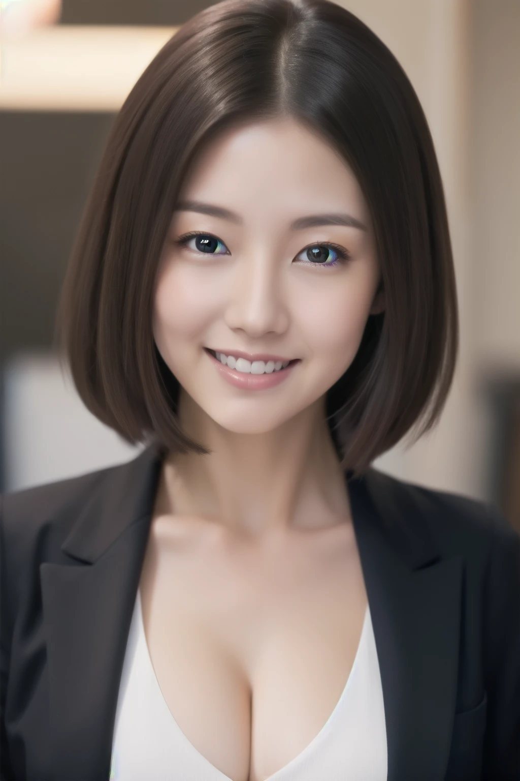 Very beautiful Japan woman、Detailed eyes、Wear a jacket suit、high quality、Surreal、healthy、smile、Perfect slim figure、The Beauty of Japan、Beautiful Eyes、Perfect Face、Beautiful Skin、office、Large Breasts、Black Hair、short hair、
