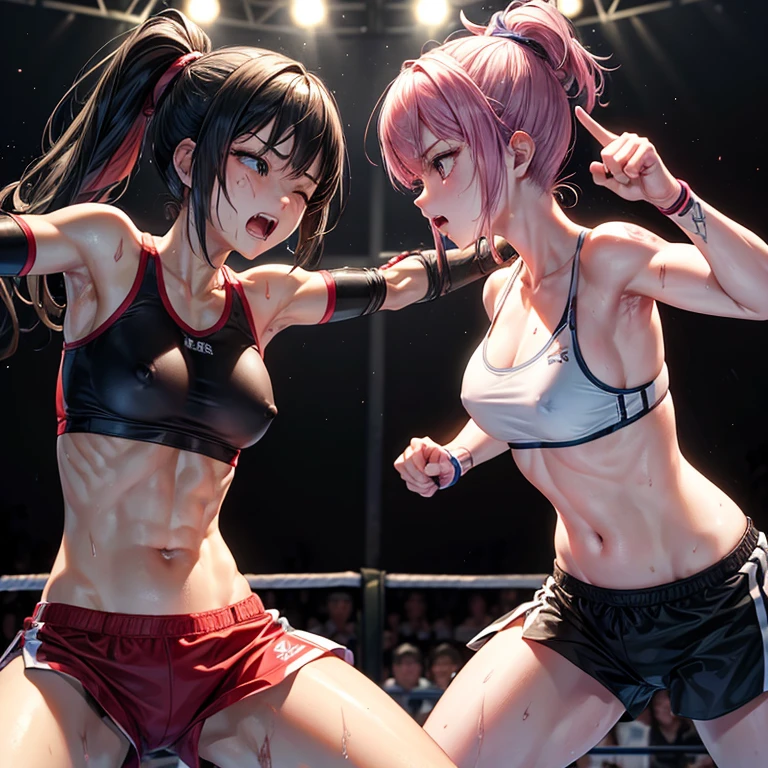 Punching or kicking the opponent's body。A battle royal between two beautiful young female mixed martial artists。Bruised Belly。Covered in wounds and in a bad shape。They are fighting violently。Suffering from damage。Mouth open and dripping blood。Facial swelling。Bruised body。With one eye closed, it seems painful。Fighting inside the Octagon。I'm soaked in sweat。Ripped and tattered sports bra and bikini、Open Finger Gloves。Erect nipples。Short black hair。