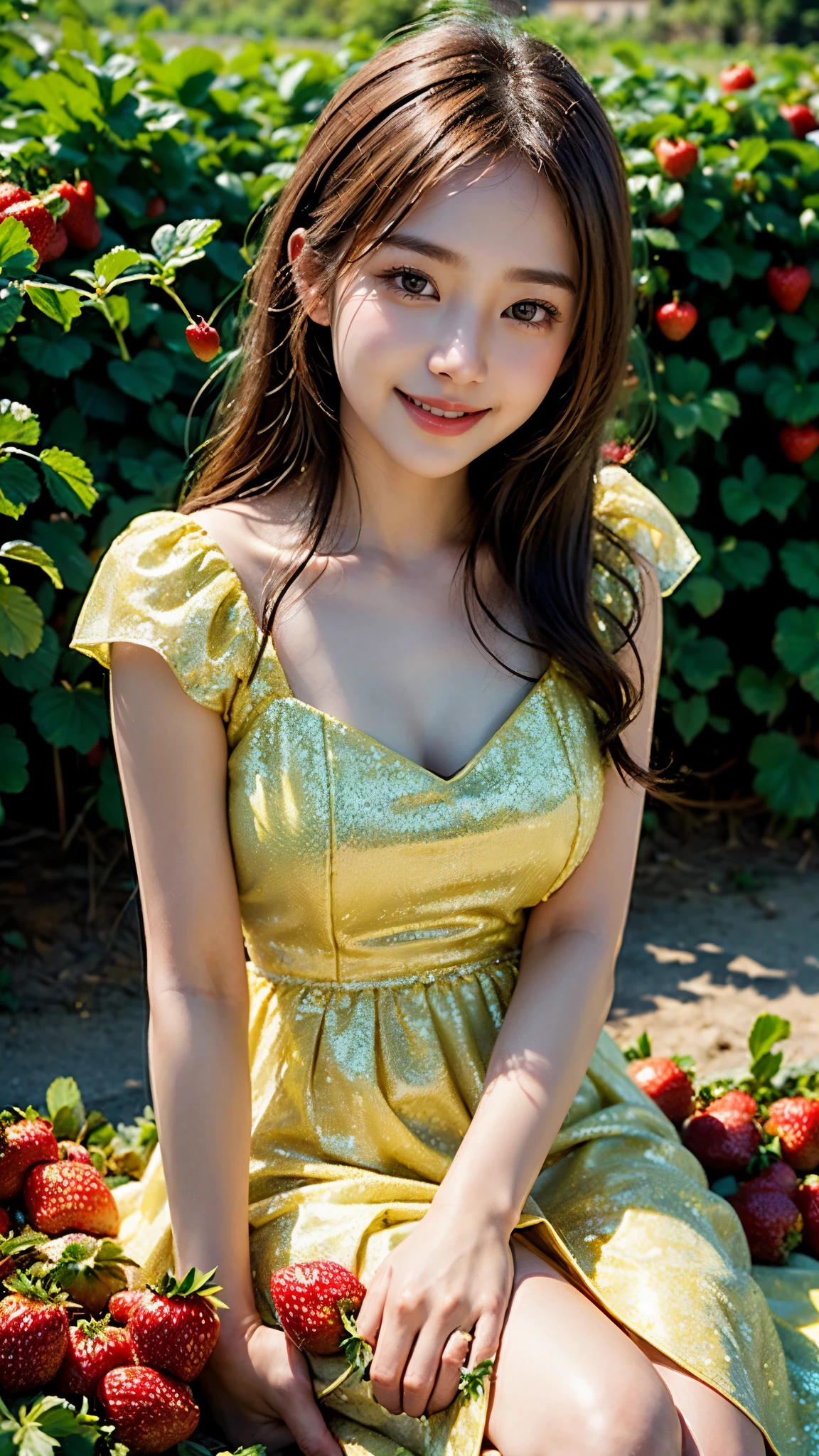 Beautiful Korean Girl, 1 Solo Girl, 20 years Girl, Beautiful Smile, ((smile: 1.2)), ((Masterpiece: 1.4)), ((Ultra HD Image quality)), ((Realistic)), 64k, Natural Human Skin, Soft skin, CG unity 8k wallpaper, Superb beautiful face, ((Yellow Glitter Sweetheart Homecoming Dress)), ((strawberry plants, strawberry orchards, so many strawberry plants, red Colour Strawberries)), Sitting in Strawberry orchards on  grass surface, beautiful nature, very calm nature, peaceful nature, High resolution pictures, ((detailed girl)), ((Detailed background)), ((Detailed Face)), ((Detailed Dress)), ((detailed strawberry orchards)), ((Detailed nature)), Evening Light, agriculture fields 