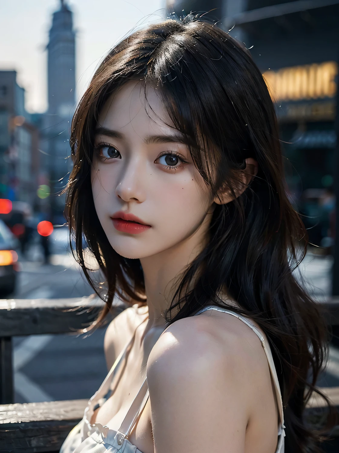 1girl, (looking at viewer:1.2), detail face, (a girl standing, rending on cgsociety, black shadows, streaming, new york backdrop), romanticism, atmospheric, (RAW photo, best quality), (realistic, photo-realistic:1.3), masterpiece, an extremely delicate and beautiful, extremely detailed,
