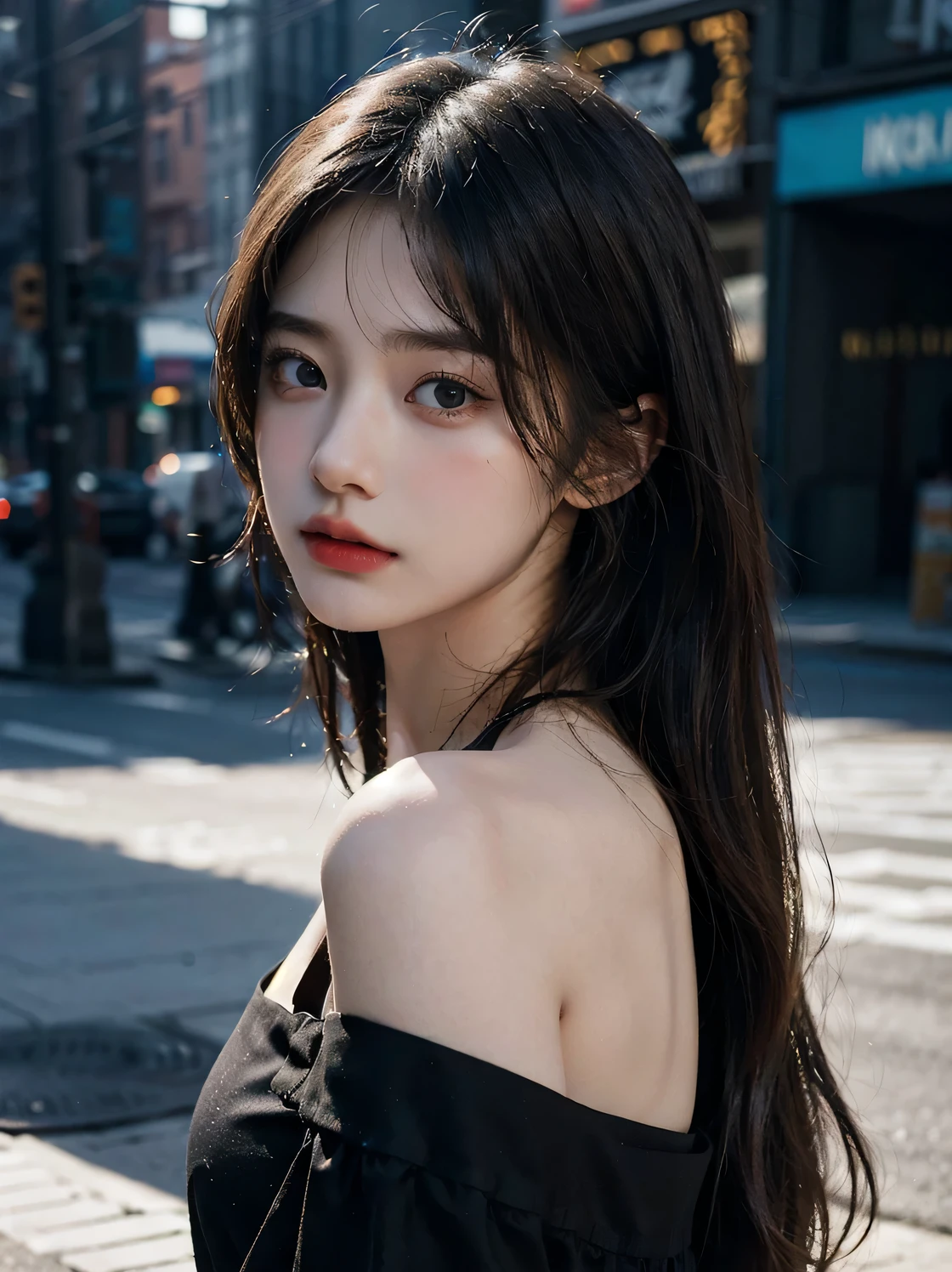 1girl, (looking at viewer:1.2), detail face, (a girl standing, rending on cgsociety, black shadows, streaming, new york backdrop), romanticism, atmospheric, (RAW photo, best quality), (realistic, photo-realistic:1.3), masterpiece, an extremely delicate and beautiful, extremely detailed,