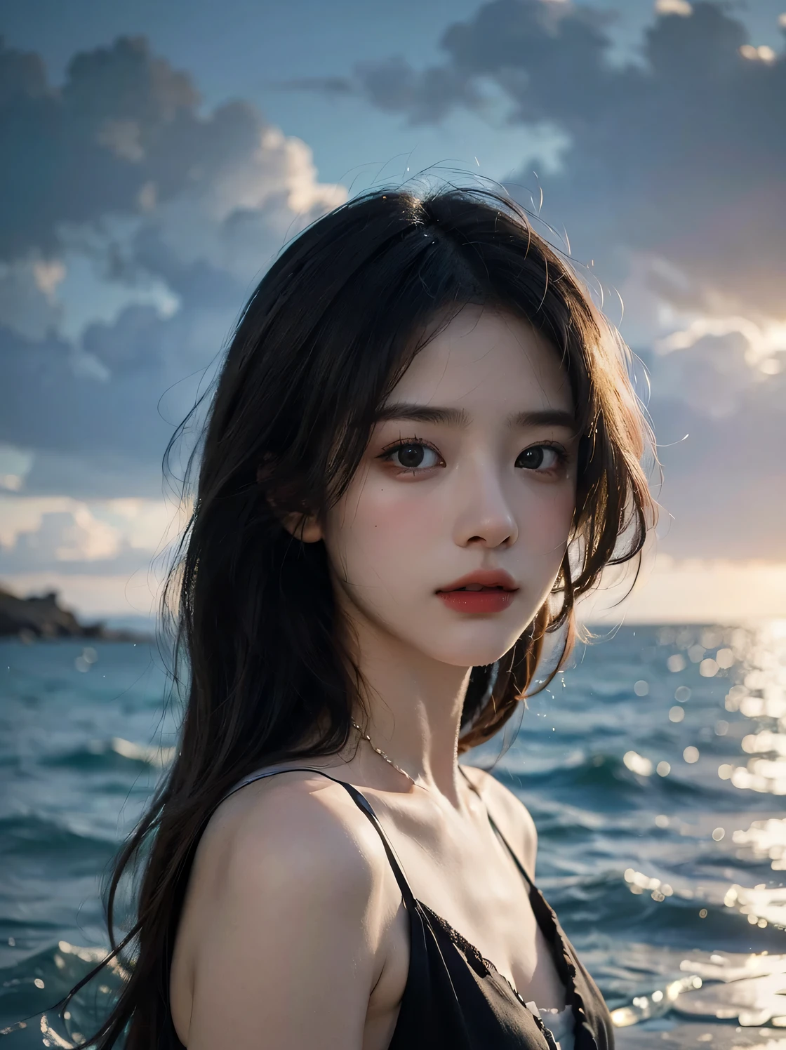 1girl, (looking at viewer:1.2), detail face, (a girl standing, rending on cgsociety, black shadows, sea backdrop), romanticism, atmospheric, (RAW photo, best quality), (realistic, photo-realistic:1.3), masterpiece, an extremely delicate and beautiful, extremely detailed,