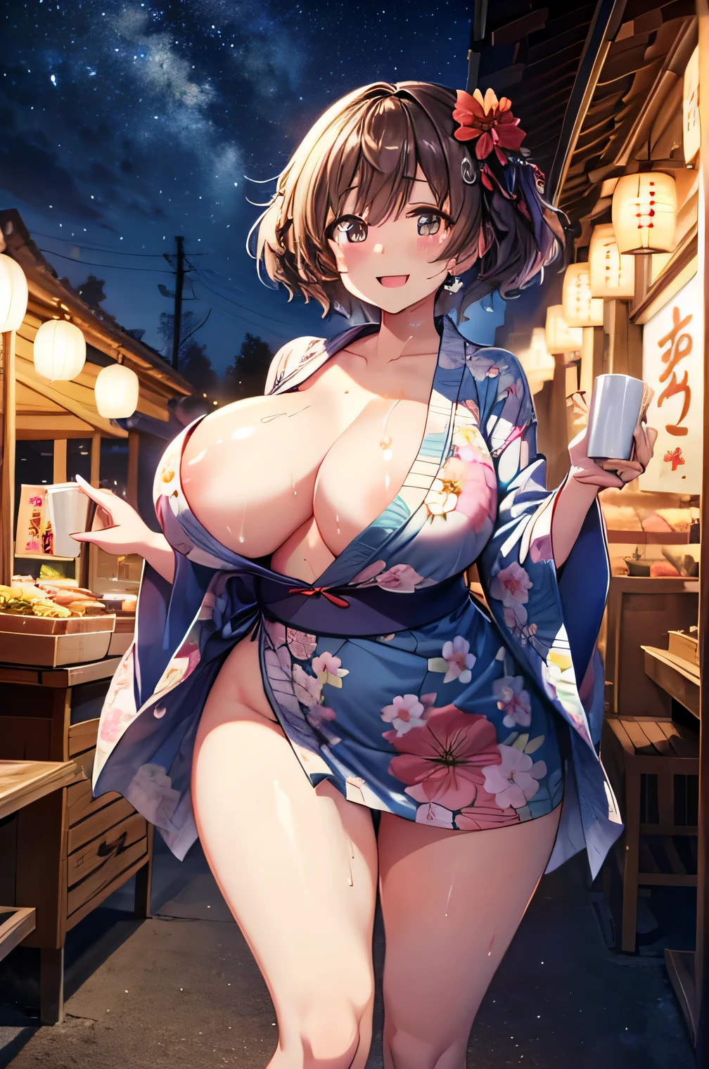 Anime illustration、highest quality、A short and plump high school girl、Approach to the shrine、Summer Night Festival、A row of food stalls、Floral Yukata、Perfect proportions、overwhelmingly big breasts、Thick legs、Beautiful, shining eyes、Cowboy Shot、smile、Excessive sweating、Noise Reduction