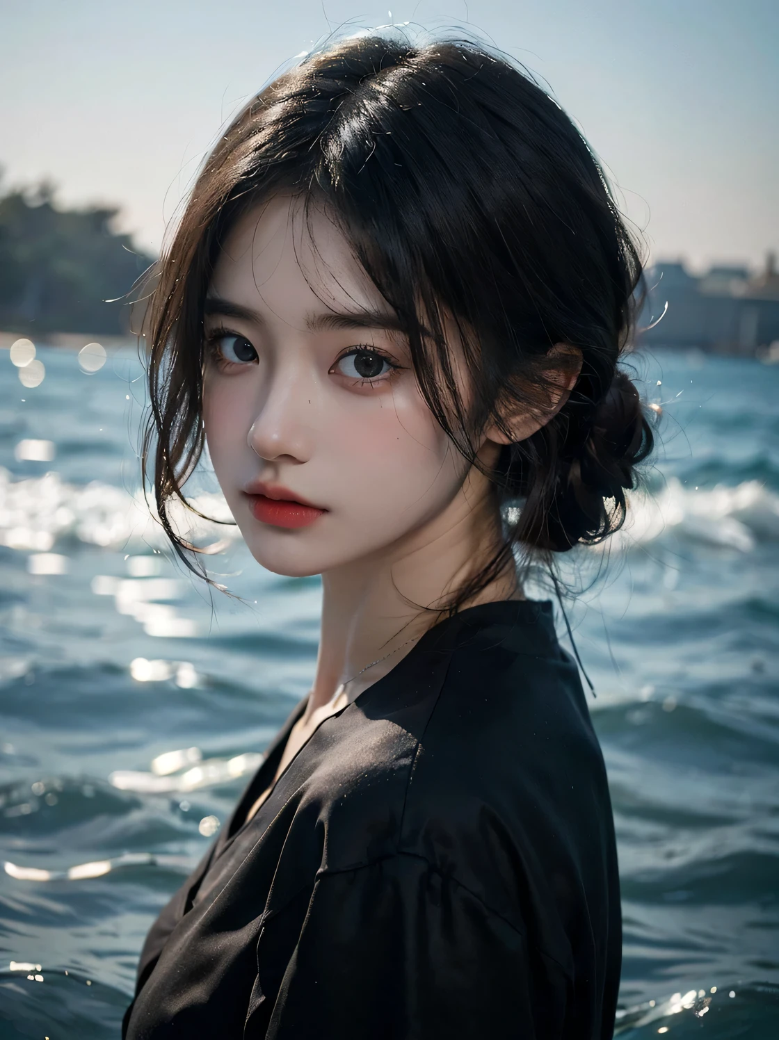 1girl, (looking at viewer:1.2), detail face, (a girl standing, rending on cgsociety, black shadows, sea backdrop), romanticism, atmospheric, (RAW photo, best quality), (realistic, photo-realistic:1.3), masterpiece, an extremely delicate and beautiful, extremely detailed,