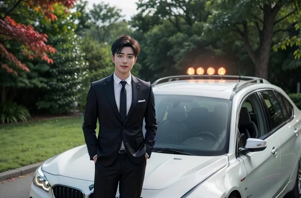 ((The man is on the left front of the car))((Exactly correct ratio of people to cars)) (( big eyes and keep eyes contact ))(( real photos))((highest quality))The light on the face is natural and realistic(( Smile and comfortable )) (One wearing a white shirt、Asian man in suit and tie,Age 28.Height 182 cm)、best quality、masterpiece、Ultra-high resolution、(Photo realism:1.4)、Full body image、(A young handsome man in a suit standing on the street outdoor、Standing under the red maple tree、Red and big maple leaves、delicate leaves、branch details)、(A white BMW car next to the man、Man's hands on car roof)Octane Rendering、8K、Super sharp、realistic light、(There is only one car on the street、man's big shining eyes、looking in the direction of the camera)、、Ultra high quality、tall gentleman、very beautiful hair、Bright photos、As handsome as a model、As handsome as an idol,Professional profile photo, Professional portrait photos、Realistic portrait photos, Detailed color portrait, Portrait of an idol, High quality full body portrait photos.