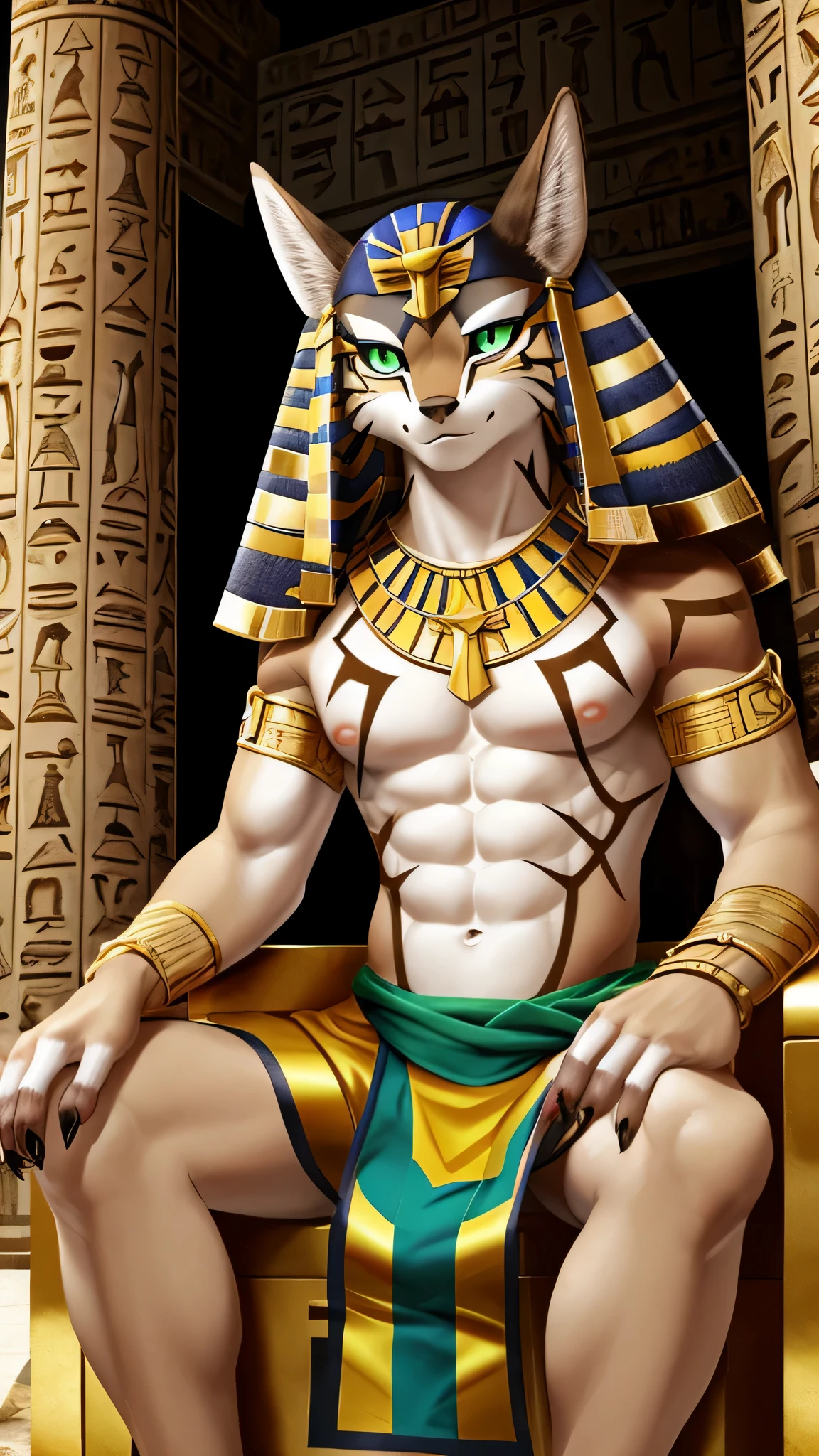 seth (tas), (green eyes, claws, five fingers), naked, sit on the throne, navel, nipples, loincloth, egyptian temple, good quality, member, clear abs,