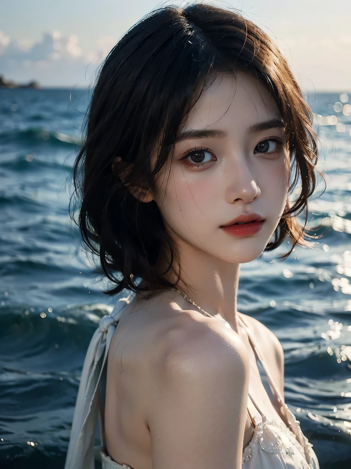 1girl, (looking at viewer:1.2), detail face, (a girl standing, rending on cgsociety, black shadows, sea backdrop), romanticism, atmospheric, (RAW photo, best quality), (realistic, photo-realistic:1.3), masterpiece, an extremely delicate and beautiful, extremely detailed,