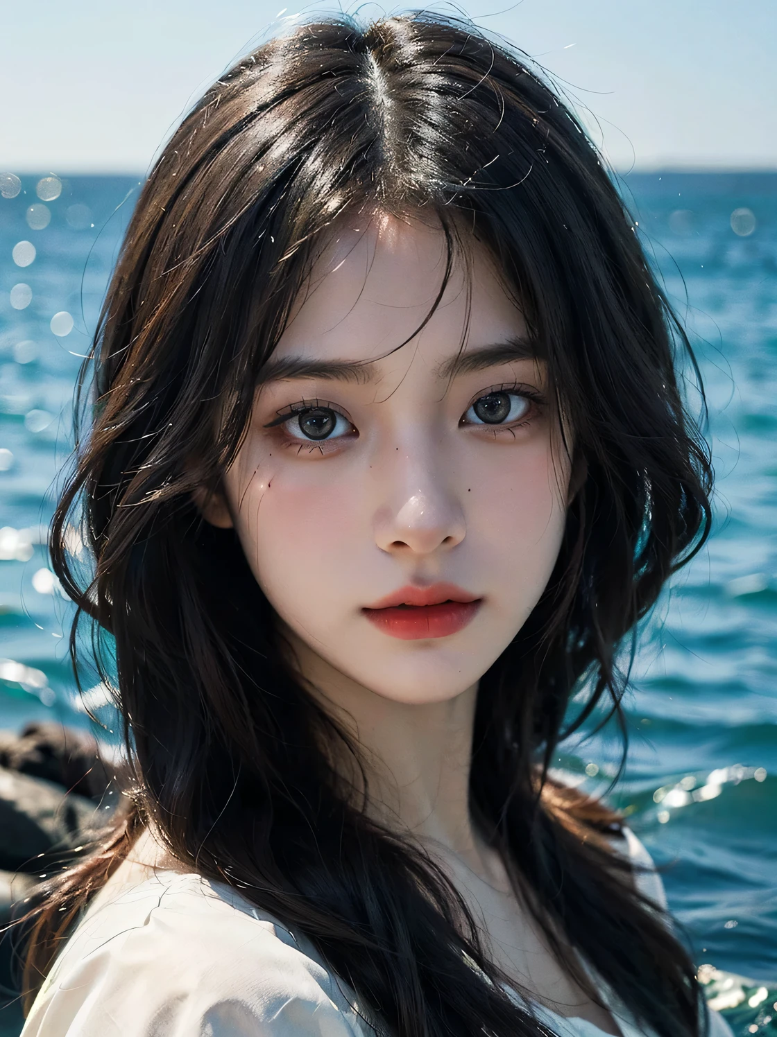 1girl, (looking at viewer:1.2), detail face, (a girl standing, rending on cgsociety, black shadows, sea backdrop), romanticism, atmospheric, (RAW photo, best quality), (realistic, photo-realistic:1.3), masterpiece, an extremely delicate and beautiful, extremely detailed,