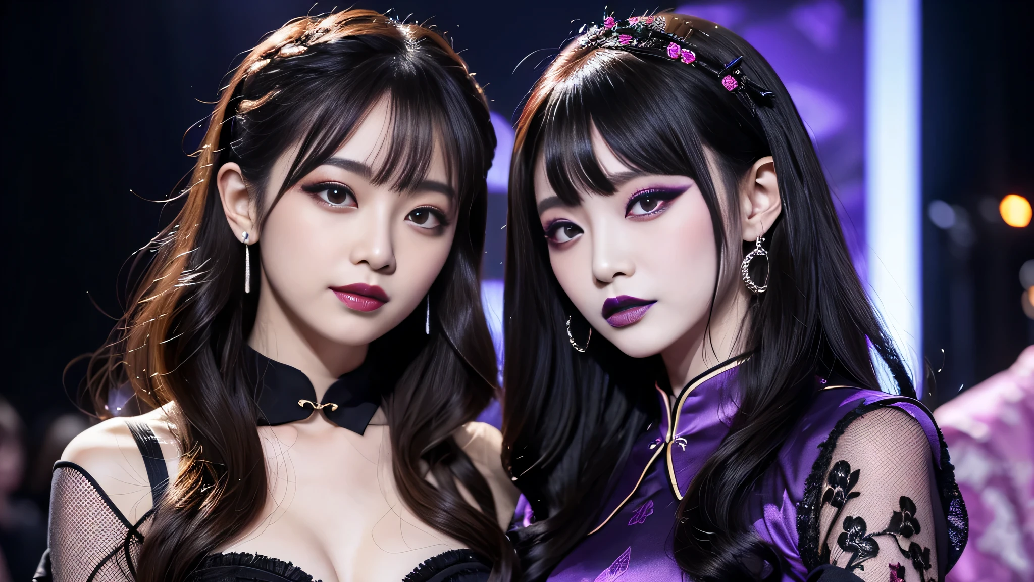 2girls、best quality、ultra-detailed、4k、Japanese、Seductive beauty、seductive adult woman、Pretty Woman、cool girl、Villainess、Brainwashed、brainwash、Fallen into evil、smirk、Evil look、Wicked Smile、evil、Brown hair、wavy hair、swept bangs、dark makeup、dark makeup、piercing eyes、hollow eyes,half-closed eyes、Hollow Eyes、Purple Eyeshadow、black lipstick、black lipglos、Long Black Cheongsam、Wide sleeves、night、inside Live stage、Applying lipstick、