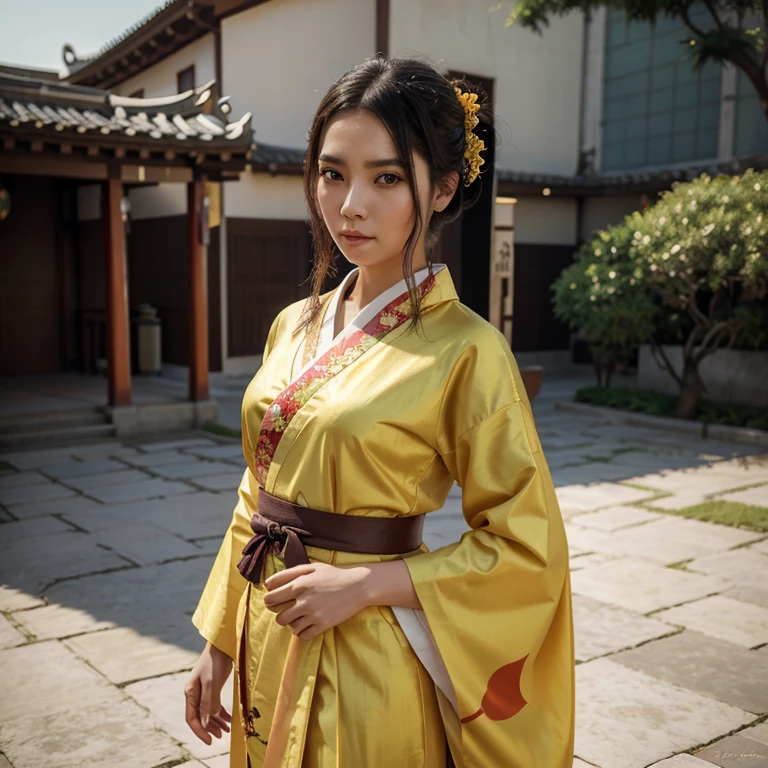 mujer araffe con un kimono amarillo sentada en una repisa, palacio , una chica en hanfu, estilo anime realista 3d, obra de arte al estilo de guweiz, hermosa pintura de personajes, anime 3d realista, tendencia en cgstation, anime estilo 3d, vistiendo ropa china antigua, Chinese girl, artgerm y atey ghailan