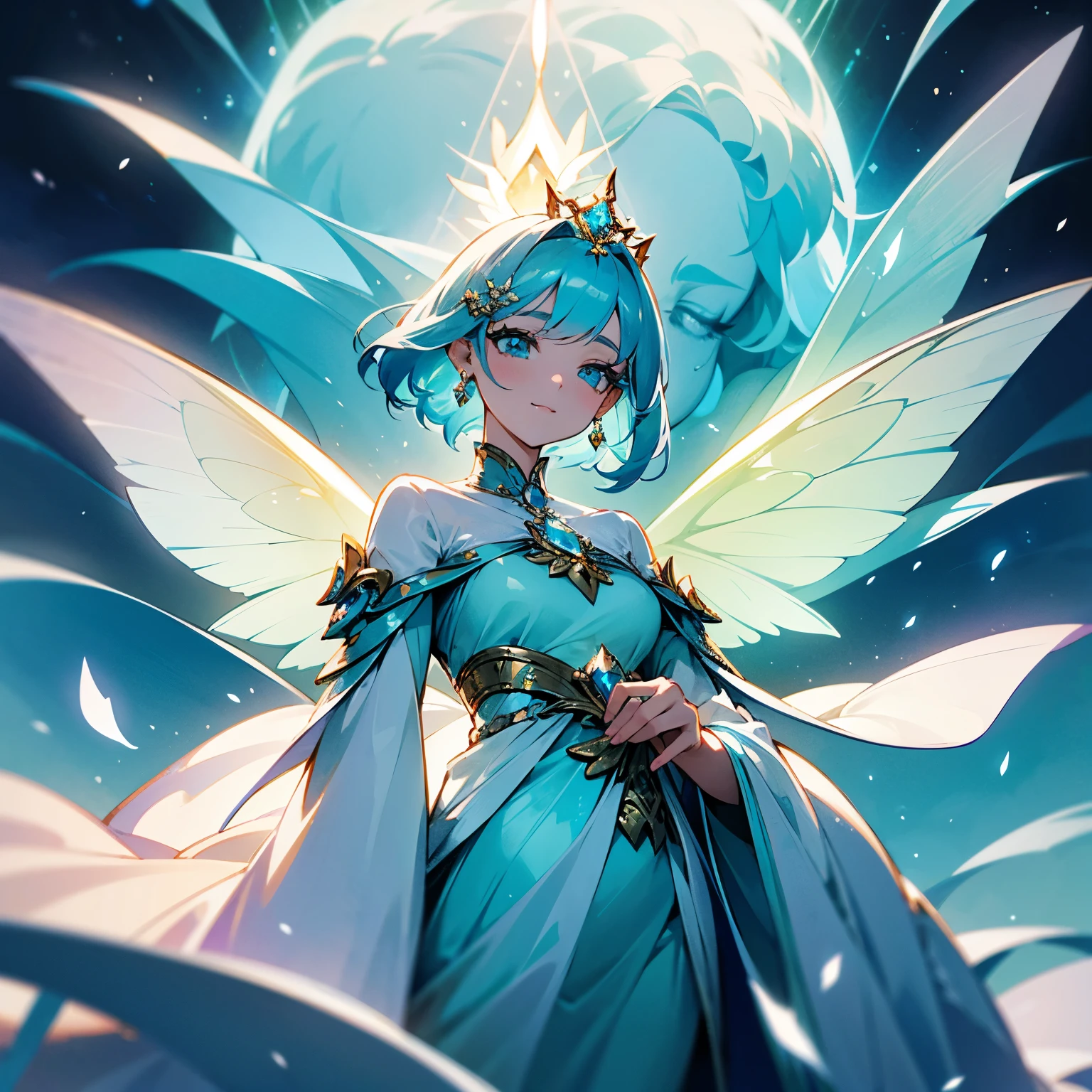 Title: "Ethereal Enchantment: The Aquamarine Muse"
Prompt:
"Amidst a realm of ethereal beauty and boundless imagination, there exists a singular figure who embodies the essence of majesty and allure. She is the Aquamarine Muse, a vision of loveliness with her radiant smile, aqua eyes that sparkle like precious gems, and white short hair that cascades in elegant waves.
Adorned with a delicate hair clip that glimmers with celestial light, she stands as a beacon of grace and charm, captivating all who behold her with her otherworldly presence. Her eyelashes flutter like delicate butterfly wings, adding a touch of enchantment to her gaze.
Draped in a costume that harmonizes seamlessly with her surroundings, she is the epitome of elegance and style. Every detail of her attire is carefully crafted to reflect the majestic beauty of the realm in which she resides, from the flowing fabric that billows like wisps of cloud to the intricate patterns that shimmer with iridescent hues.
As she gazes upon the world with eyes full of wonder and curiosity, she exudes an aura of warmth and kindness that draws others to her like moths to a flame. In her presence, the world seems to come alive with possibility, and dreams take flight on wings of imagination.
Surrounded by a majestic background that mirrors the splendor of her being, she stands as a symbol of beauty, strength, and resilience. From the shimmering waters of a crystalline lake to the towering peaks of a snow-capped mountain, every element of the landscape serves to enhance her radiant presence, elevating her to the status of a true goddess among mortals.
In this realm of ethereal enchantment, she reigns supreme as the undisputed queen of beauty and grace, a timeless muse whose legacy will endure for eternity."