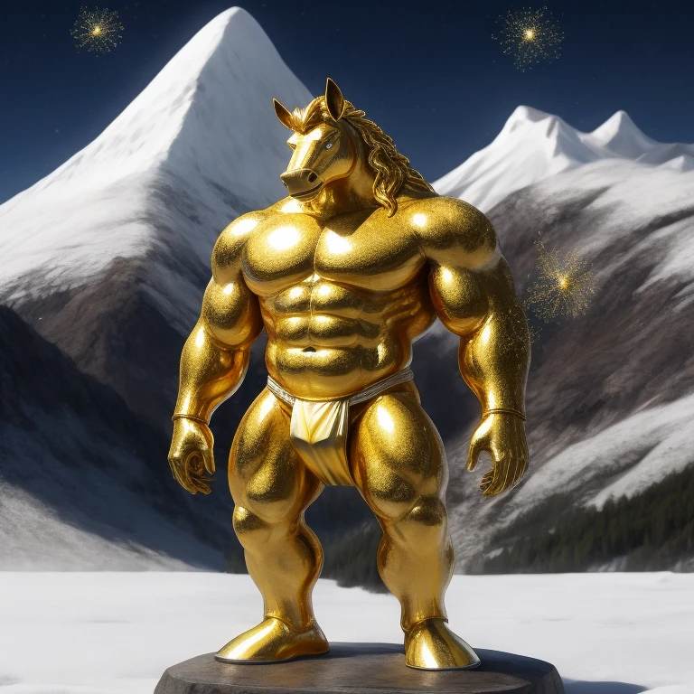  Antro, Statue, Estatua de Oro Metalica [Horse color Oro Metal] , [Fundoshi Bulto Male Big Gold], [Fundoshi Gold Dorado], Solo, Oro, [Bulto Male Big], Hooves equine , Big Balls, Detallado 4k, cuerpo completo, Cuerpo Goldeen metal, snowy mountain background, pupil Eyes Gold, Alta resolucion, Particulas doradas, Metal Gold, Brillo Dorado, Metal Pulido, Gold Particle, Manos Perfectas