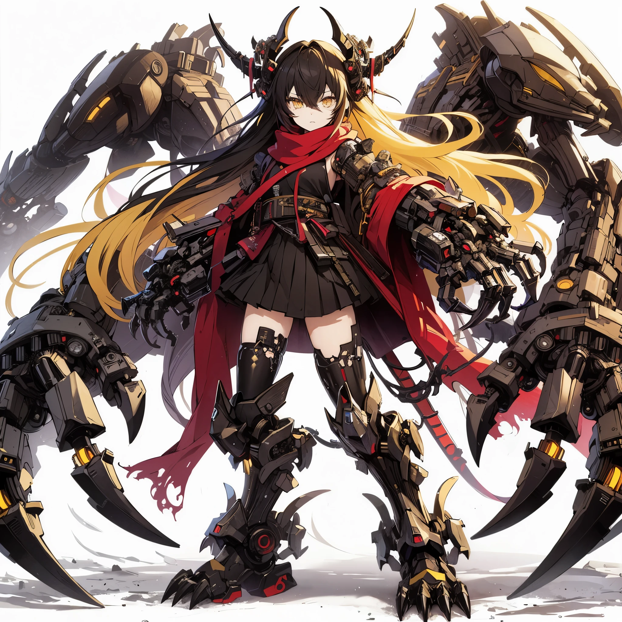 (Masterpiece, top quality), (detailed hair), super detailed, anime style, full body, solo, girl dressed in a mechanical beast costume, neck-length black-yellow hair, gold eyes, right arm converted to cybernetic huge terrifying claw. cyber-kimono, and torn red scarf, cyber horned, heavy massive boots, white background, whole body, standing in wasteland, fighting pose