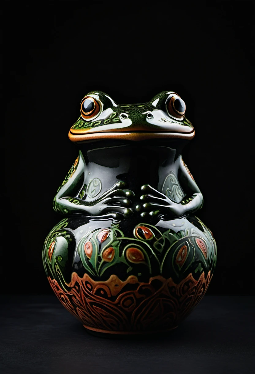 a tribal ceramic handmade frog vase resting on a black surface against a black backdrop, fujifilm provia 400x, massurrealism, luminous shadows, cranberrycore, renaissance-inspired chiaroscuro, minimalist backgrounds - HDRI.
