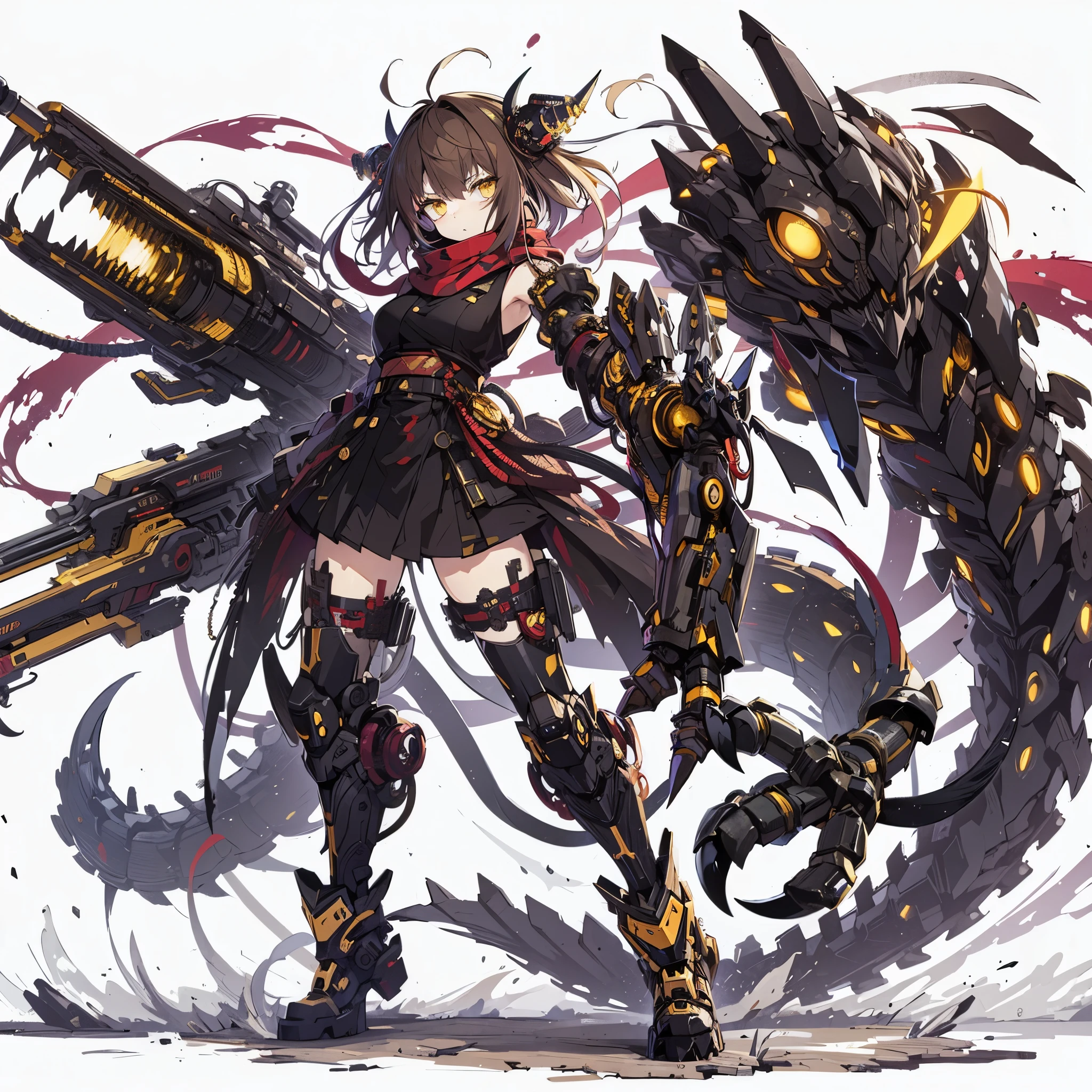 (Masterpiece, top quality), (detailed hair), super detailed, anime style, full body, solo, girl dressed in a mechanical beast costume, neck-length black-yellow hair, gold eyes, right arm converted to cybernetic huge terrifying claw. cyber-kimono, and torn red scarf, cyber horned, heavy massive boots, white background, whole body, standing in wasteland, fighting pose
