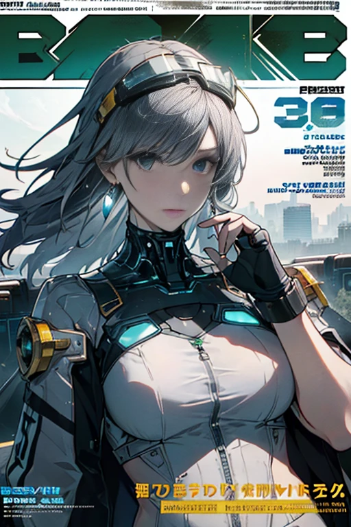 masterpiece, (best quality), (ultra-detailed), (ultra-realistic:1.2), landscape, sci-fi, transistorpunk, cyberpunk, biopunk, (magazine cover:1.4), (gray, white), female huge robot, visor, earring,future town, dynamic pose, dynamic angle, small breasts, luxury, (gold, silver, green), neon