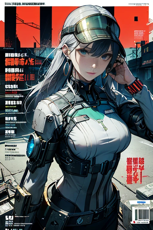 masterpiece, (best quality), (ultra-detailed), (ultra-realistic:1.2), landscape, sci-fi, transistorpunk, cyberpunk, biopunk, (magazine cover:1.4), (gray, white), female huge robot, visor, earring,future town, dynamic pose, dynamic angle, small breasts, luxury, (gold, silver, green), neon