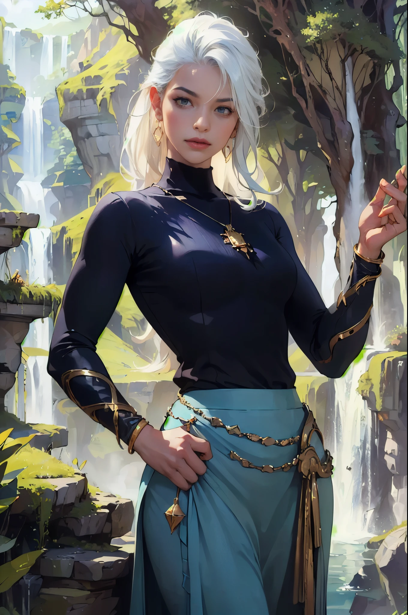 ( absurdity, high quality, ultra detailed, masterpiece, conceptual art, smooth, very detailed work of art, hyperrealistic picture ) , Waterfall, a cave, atlantis, , Disney, atlantis, 1 girl, White hair, bang, dark skin, lush lips, blue top and skirt, pendant with ulmaz on the chest, gold earring, stands sideways thoughtfully