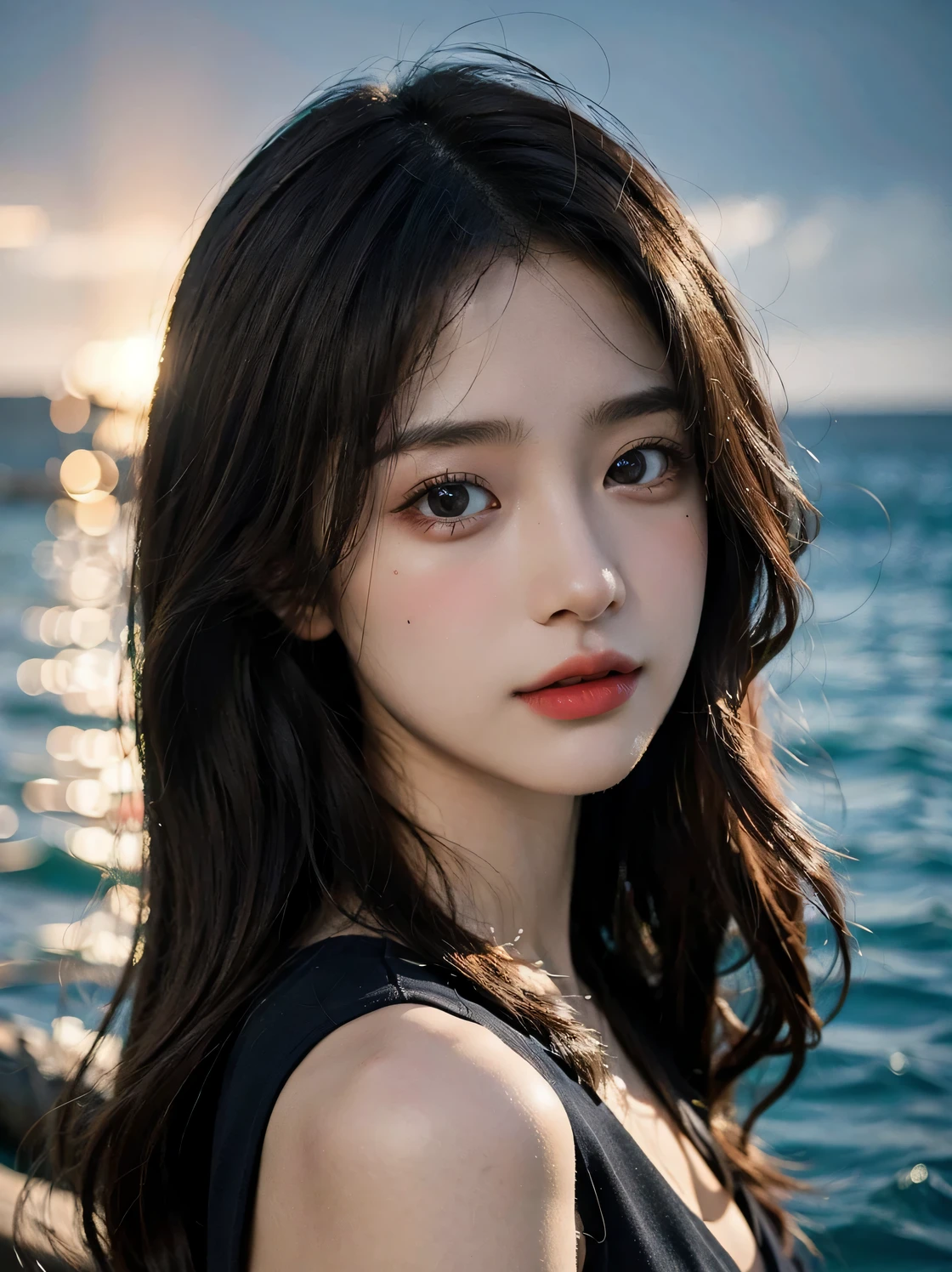 1girl, (looking at viewer:1.2), detail face, (a girl standing, rending on , black shadows, sea backdrop,gorgeous red and black dress), romanticism, atmospheric, (RAW photo, best quality), (realistic, photo-realistic:1.3), masterpiece, an extremely delicate and beautiful, extremely detailed,