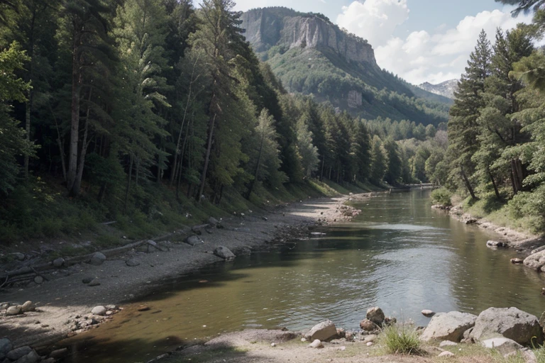 8K Ultra HD, high quality, Primeval forest, Huge forest, hot sun, strange world, River Water, Mountain, hillside, Desolate place outside a town