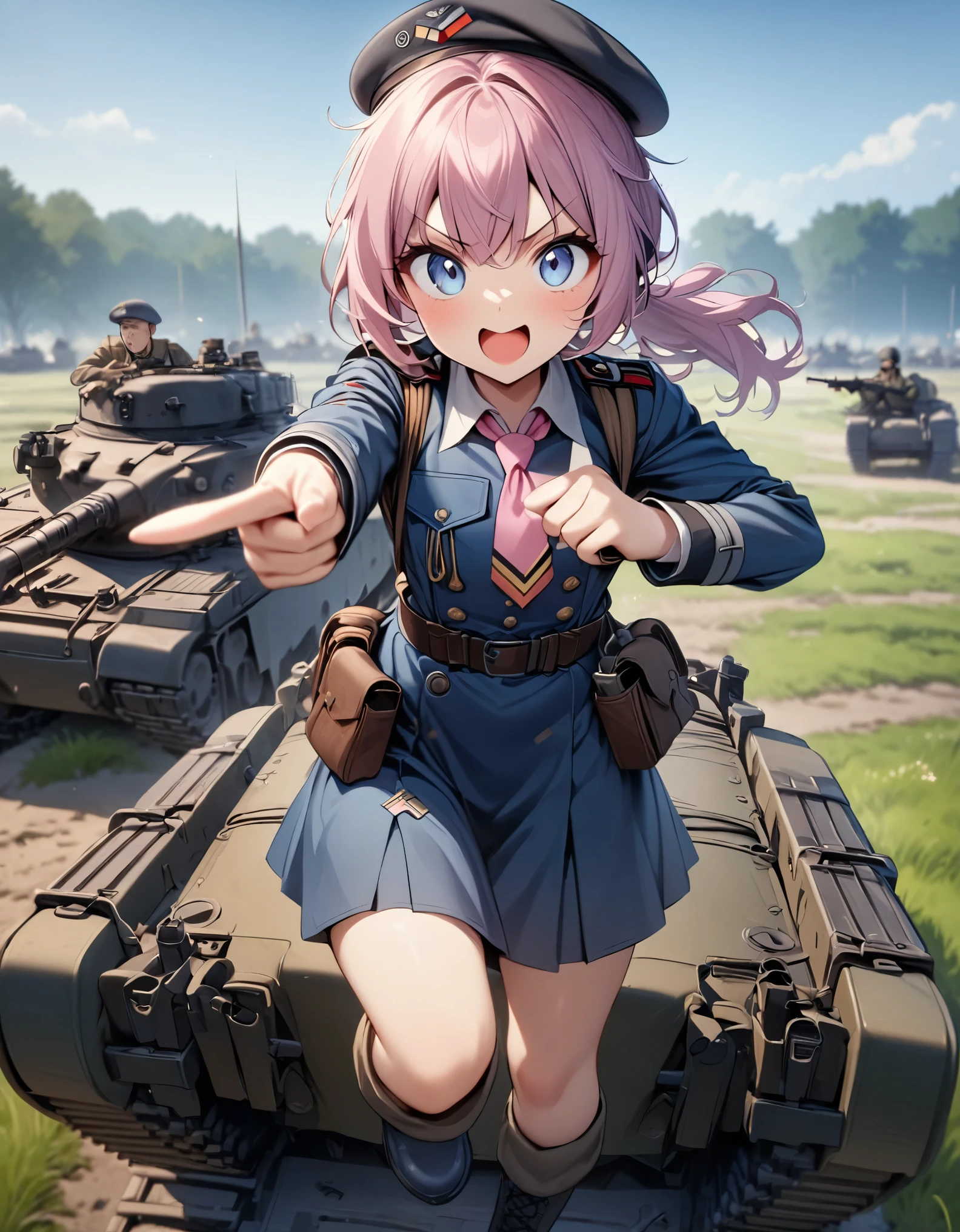 masterpiece, best quality, 1girl, solo, solo focus, midget, dark pink hair, fluffy hair, ponytail hair, dark blue eyes, big eyes, cute face, (blue military uniform, WWII german uniform, beret, pink folder symbol on beret), pink necktie, blue combat boots, belt with pouches, pistol holster, v-shaped eyebrows, :d, excited, using assault rifle, point finger at the viewer, standing on top of a chftntank, grassy field, daylight, depth of field