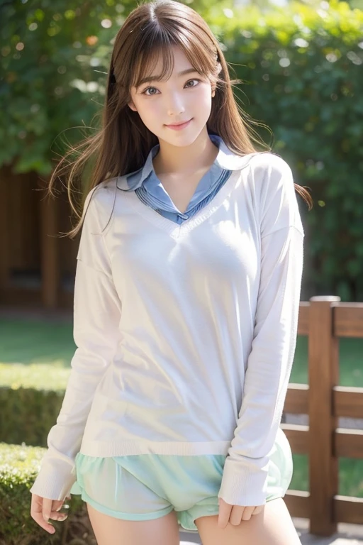Pure Japanese school girl, outstanding body, beautiful legs, wearing uniform, panty, natural hairstyles, sweet smile, sitting, refreshing in early summer, composition from the front,