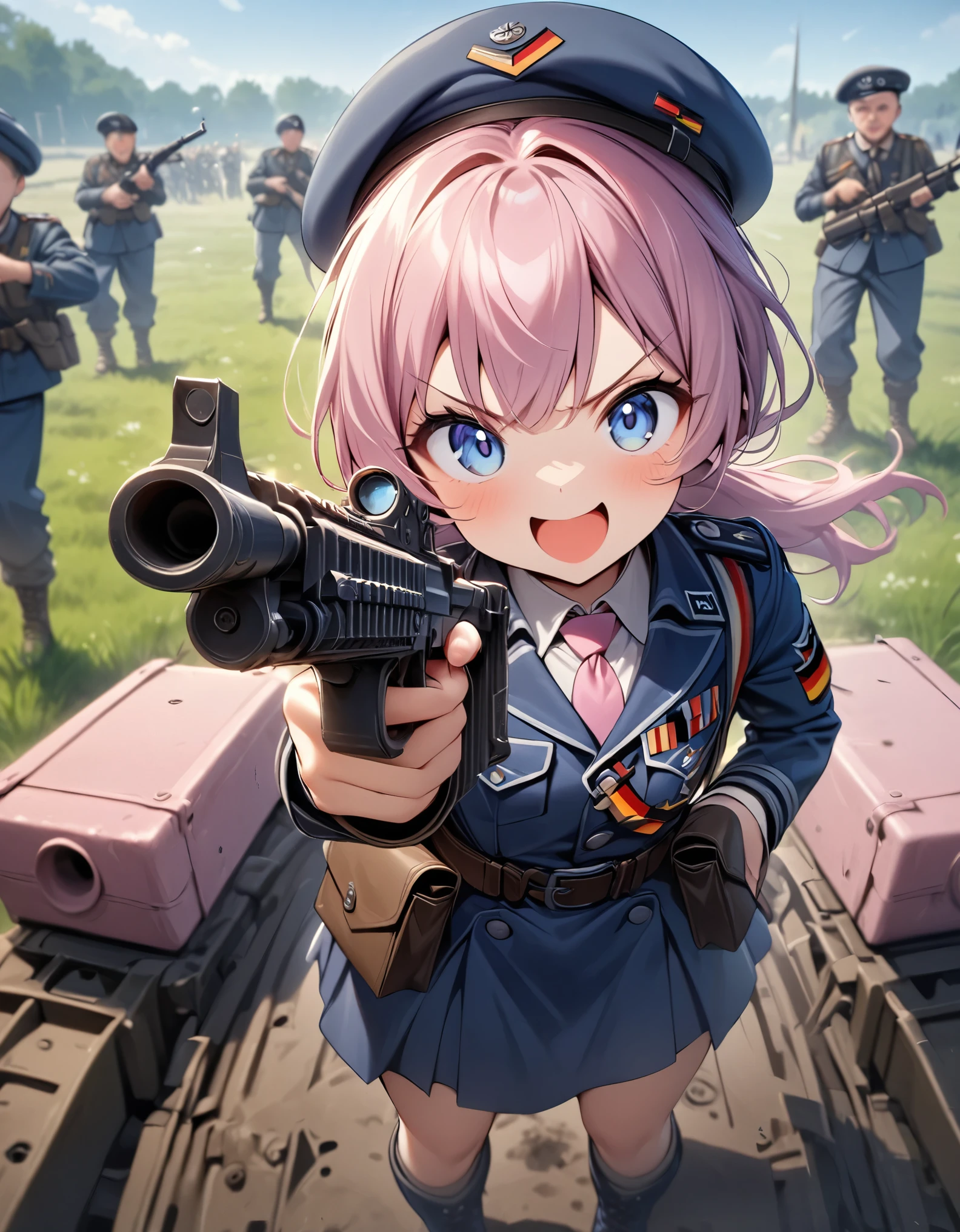 masterpiece, best quality, 1girl, solo, solo focus, midget, dark pink hair, fluffy hair, ponytail hair, dark blue eyes, big eyes, cute face, (blue military uniform, WWII german uniform, beret, pink folder symbol on beret), pink necktie, blue combat boots, belt with pouches, pistol holster, v-shaped eyebrows, :d, excited, using assault rifle, point finger at the viewer, standing on top of a chftntank, grassy field, daylight, depth of field